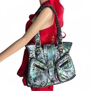 THE FIND Leather Metallic Paisley Print Handbag Shoulder Bag w/buckle flap EUC